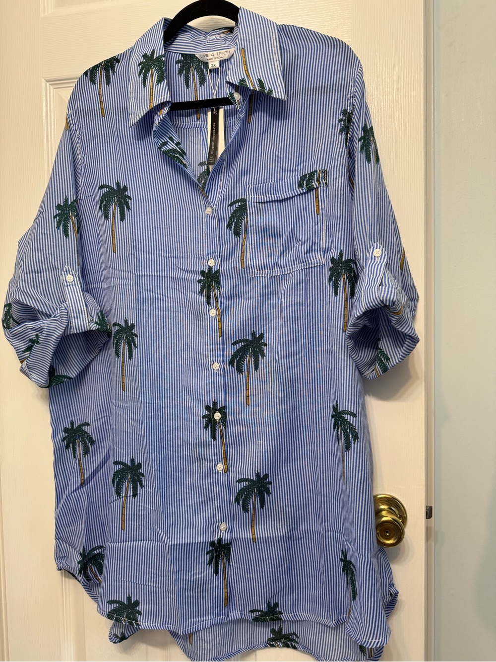Live 4 Truth Light  Blue Striped Palm-Print Button-Up Cover Up Shirt -size 2x
